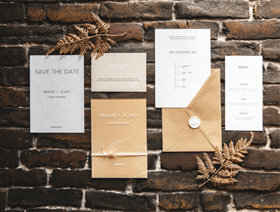 Ontwerp de mooist trouwkaart met bijpassende wedding stationery bij Lab 1823 designstudio.